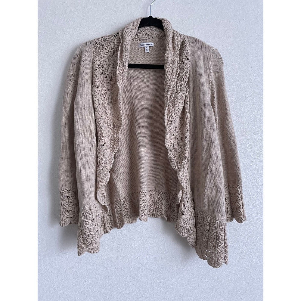 Croft & Barrow Cardigan Womens Medium Tan Excellent Crochet Trim Cotton Sweater